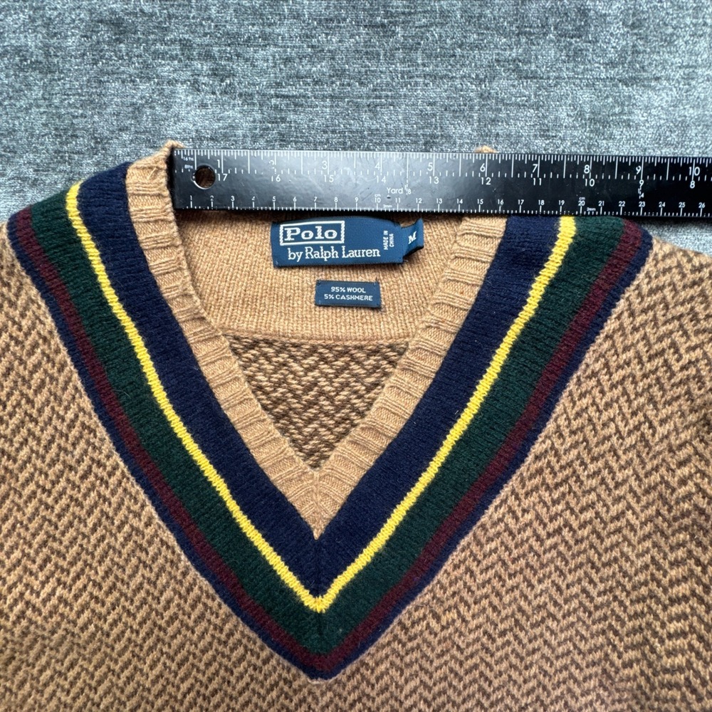 Polo Ralph Lauren Sweater Mens Medium Brown Herringbone Wool Cashmere V-Neck - Picture 3 of 14